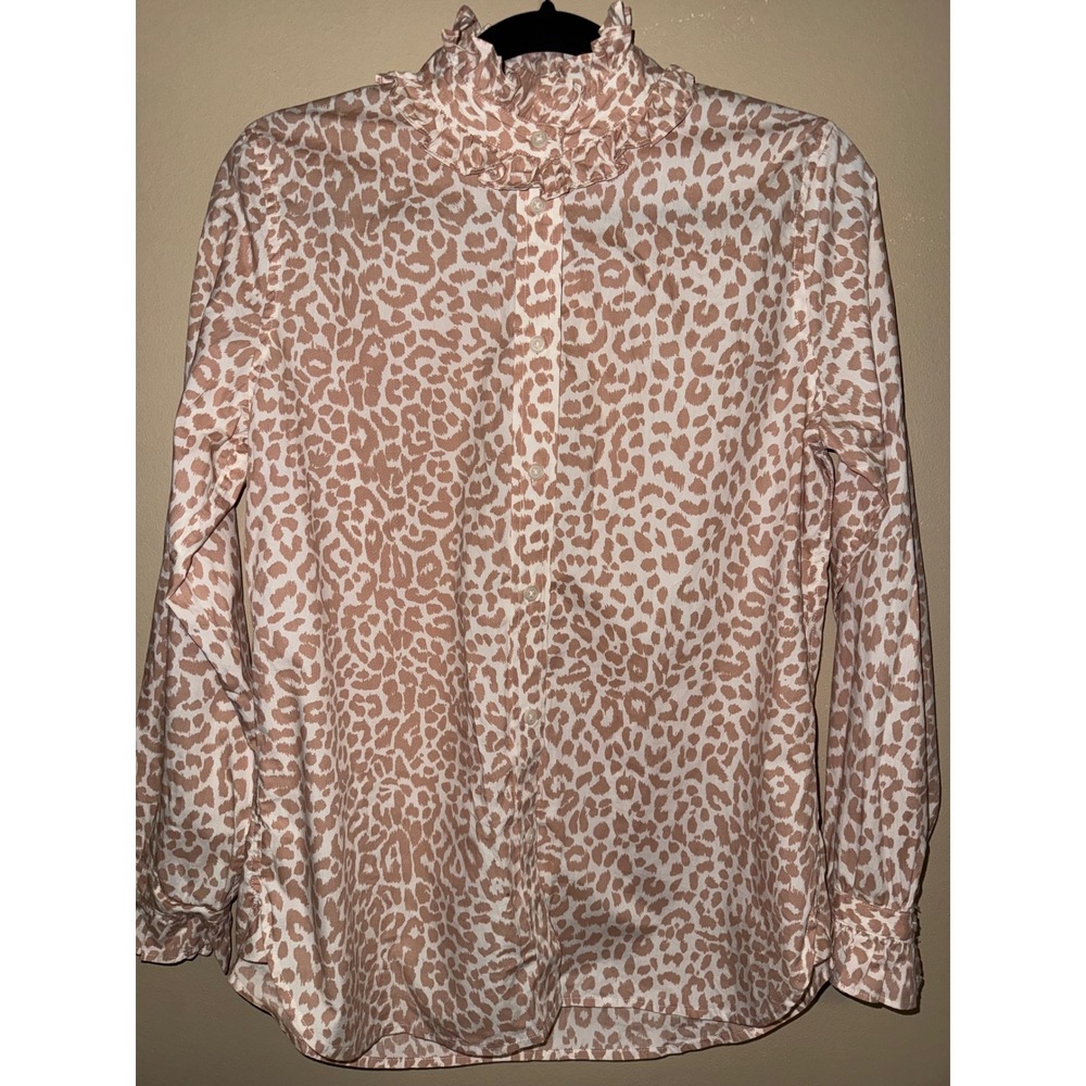 J.Crew Classic Leopard Print Ruffle Neck Button Down Shirt 4 Feminine Safari Tan